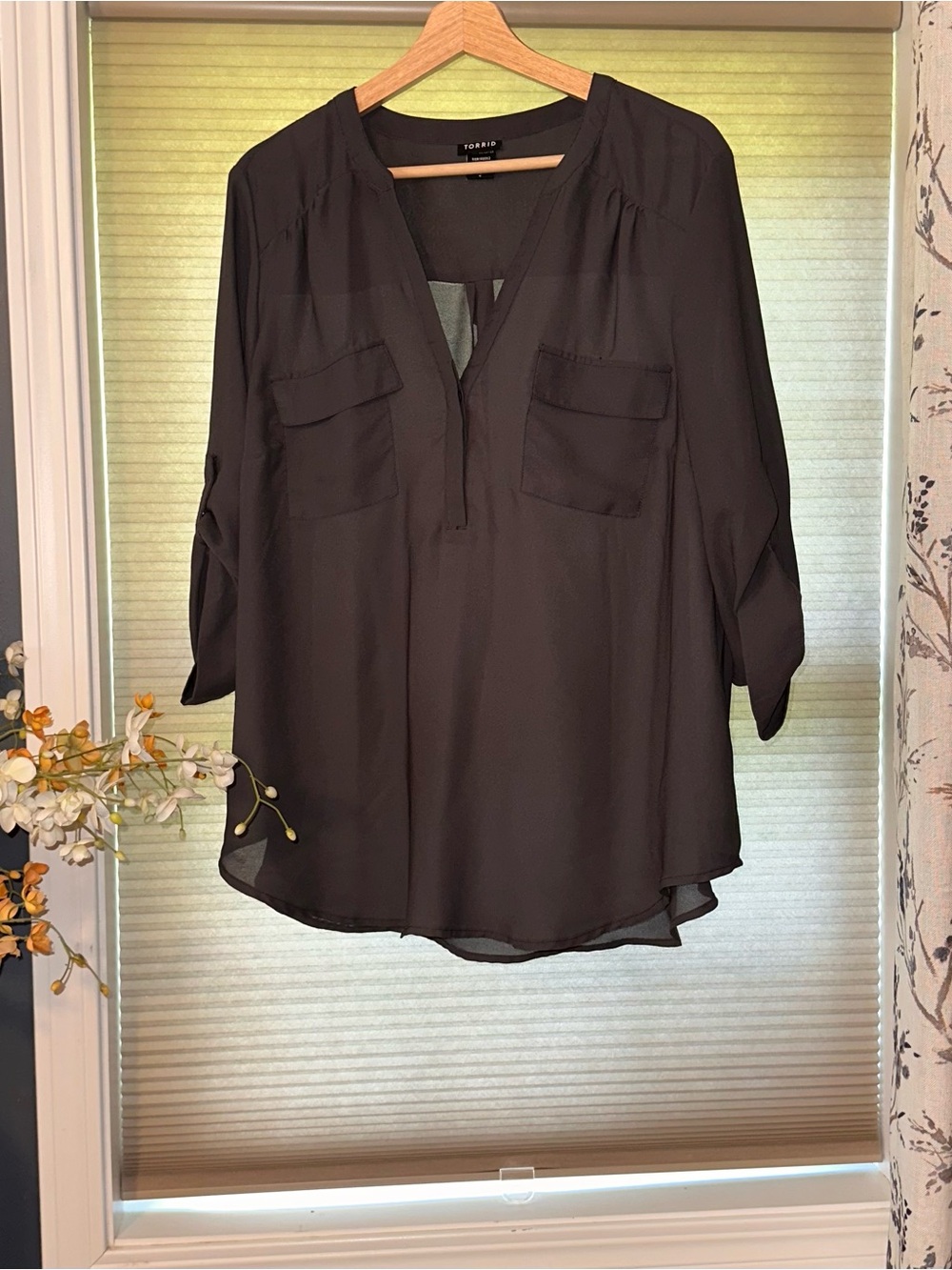 Torrid Grey V-Neck Split-Neck Blouse